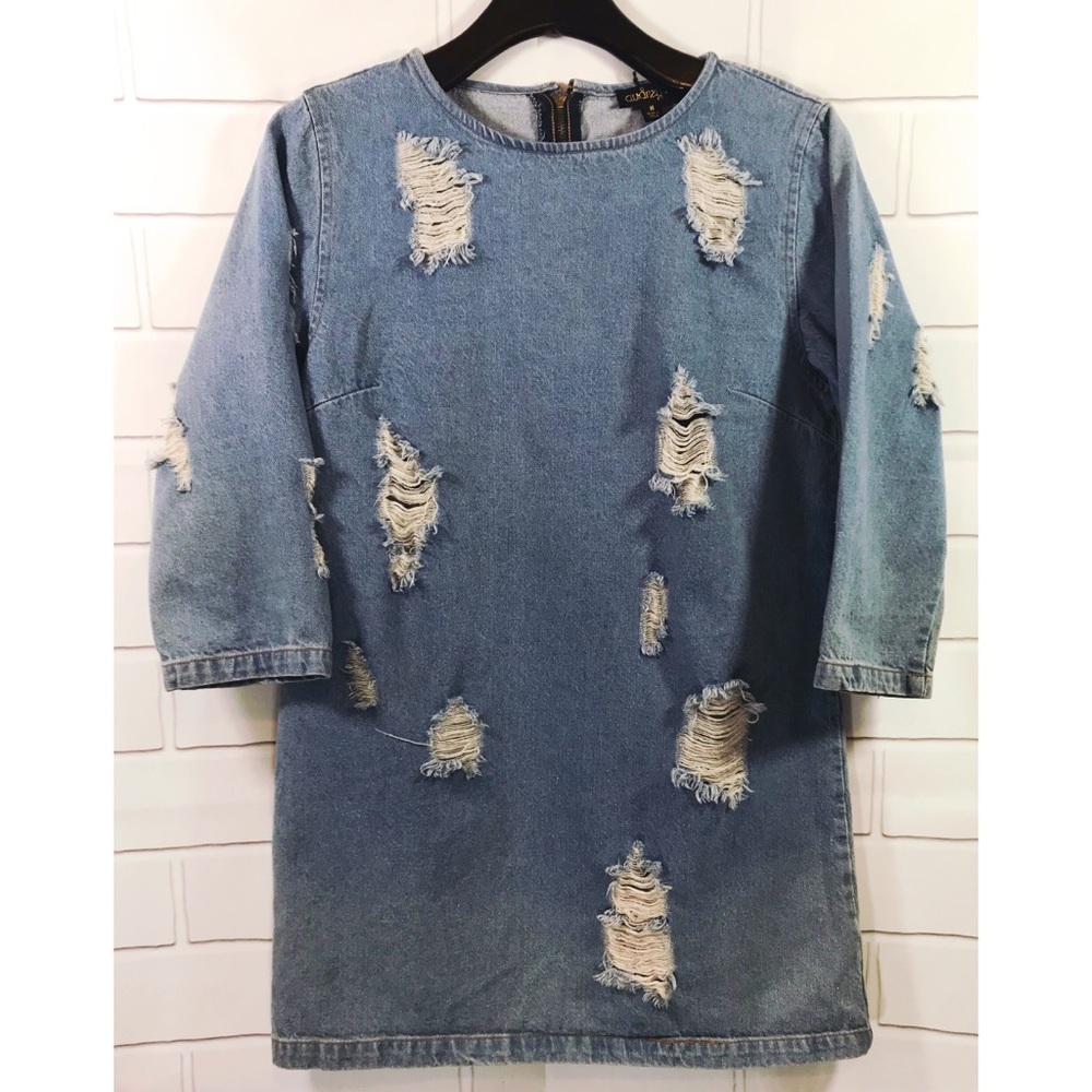 Audrey 3+1 Medium Denim Blue Jean Distressed Dress